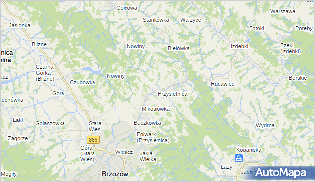 mapa Przysietnica gmina Brzozów, Przysietnica gmina Brzozów na mapie Targeo