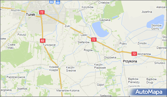 mapa Rogów gmina Przykona, Rogów gmina Przykona na mapie Targeo