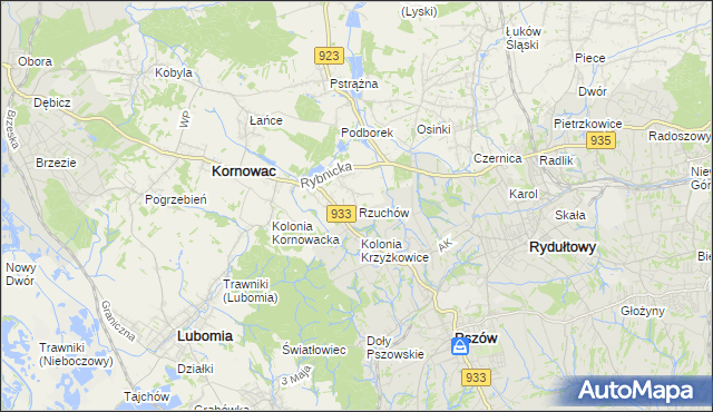 mapa Rzuchów gmina Kornowac, Rzuchów gmina Kornowac na mapie Targeo