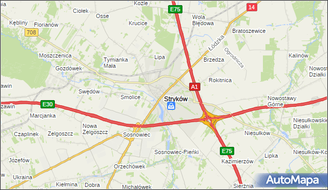 mapa Stryków powiat zgierski, Stryków powiat zgierski na mapie Targeo