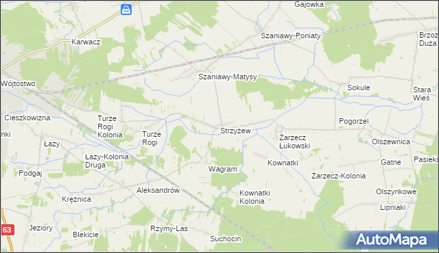 mapa Strzyżew gmina Łuków, Strzyżew gmina Łuków na mapie Targeo