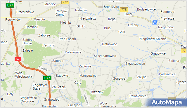 mapa Szczepanowice gmina Słomniki, Szczepanowice gmina Słomniki na mapie Targeo