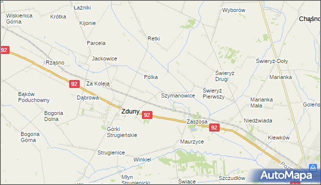 mapa Szymanowice gmina Zduny, Szymanowice gmina Zduny na mapie Targeo