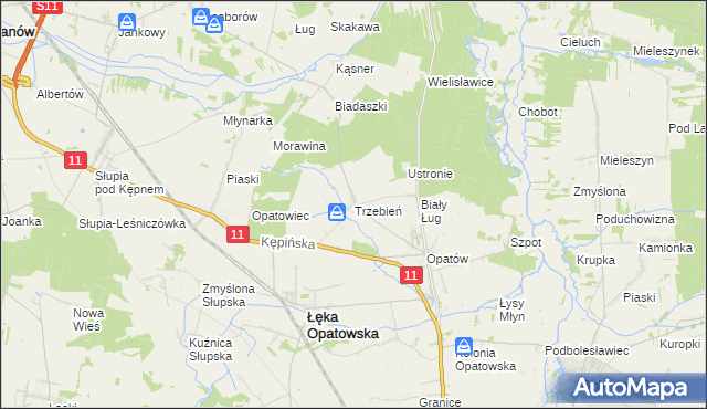 mapa Trzebień gmina Łęka Opatowska, Trzebień gmina Łęka Opatowska na mapie Targeo
