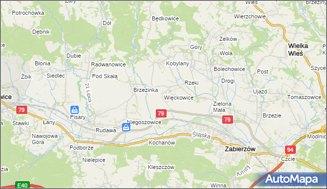 mapa Więckowice gmina Zabierzów, Więckowice gmina Zabierzów na mapie Targeo
