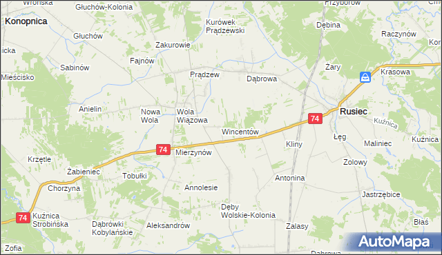 mapa Wincentów gmina Rusiec, Wincentów gmina Rusiec na mapie Targeo