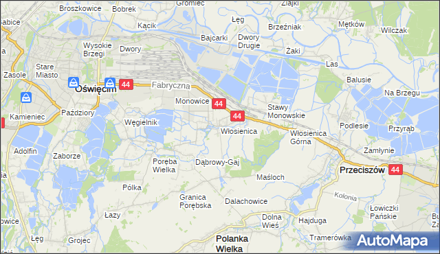 mapa Włosienica gmina Oświęcim, Włosienica gmina Oświęcim na mapie Targeo