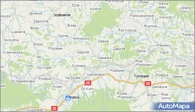 mapa Zawadka gmina Tymbark, Zawadka gmina Tymbark na mapie Targeo