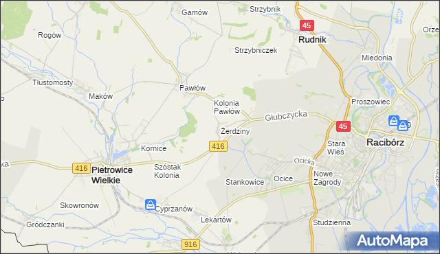 mapa Żerdziny gmina Pietrowice Wielkie, Żerdziny gmina Pietrowice Wielkie na mapie Targeo