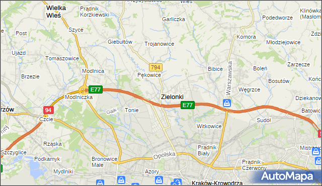 mapa Zielonki powiat krakowski, Zielonki powiat krakowski na mapie Targeo