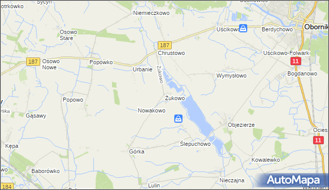 mapa Żukowo gmina Oborniki, Żukowo gmina Oborniki na mapie Targeo