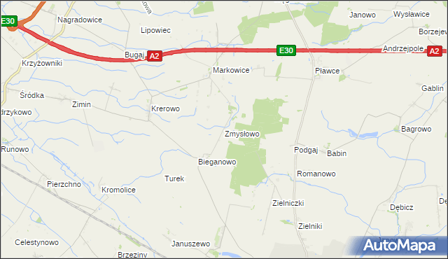 mapa Zmysłowo gmina Środa Wielkopolska, Zmysłowo gmina Środa Wielkopolska na mapie Targeo