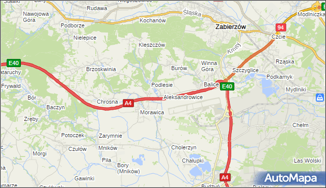 mapa Aleksandrowice gmina Zabierzów, Aleksandrowice gmina Zabierzów na mapie Targeo