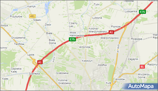 mapa Antoniów gmina Mykanów, Antoniów gmina Mykanów na mapie Targeo