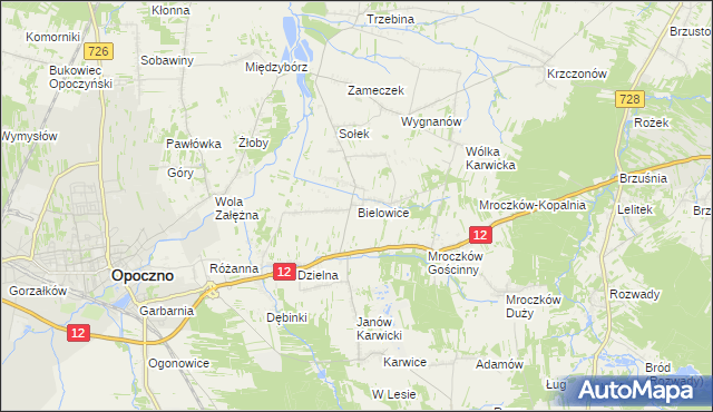 mapa Bielowice gmina Opoczno, Bielowice gmina Opoczno na mapie Targeo