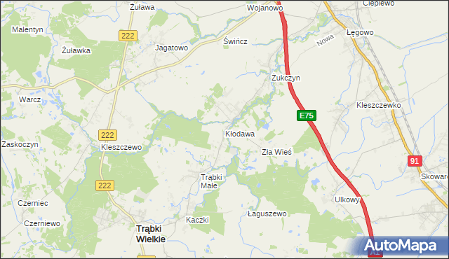 mapa Kłodawa gmina Trąbki Wielkie, Kłodawa gmina Trąbki Wielkie na mapie Targeo