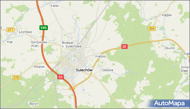 mapa Krężoły gmina Sulechów, Krężoły gmina Sulechów na mapie Targeo