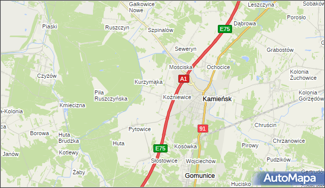 mapa Koźniewice, Koźniewice na mapie Targeo