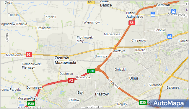 mapa Bronisze gmina Ożarów Mazowiecki, Bronisze gmina Ożarów Mazowiecki na mapie Targeo