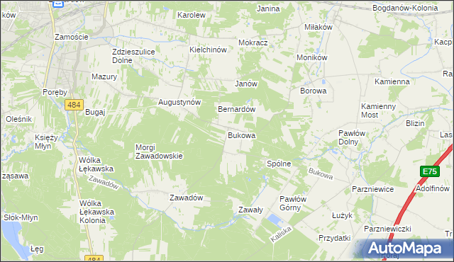 mapa Bukowa gmina Bełchatów, Bukowa gmina Bełchatów na mapie Targeo