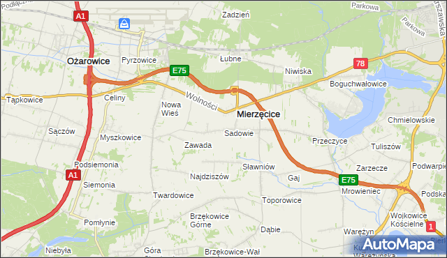 mapa Sadowie gmina Mierzęcice, Sadowie gmina Mierzęcice na mapie Targeo