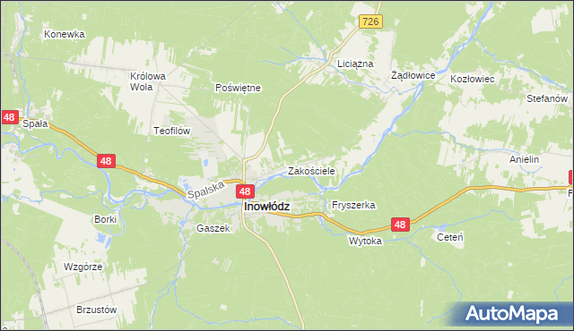 mapa Zakościele gmina Inowłódz, Zakościele gmina Inowłódz na mapie Targeo