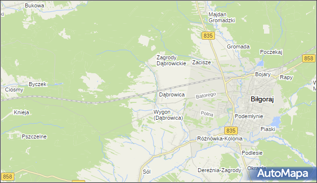 mapa Dąbrowica gmina Biłgoraj, Dąbrowica gmina Biłgoraj na mapie Targeo