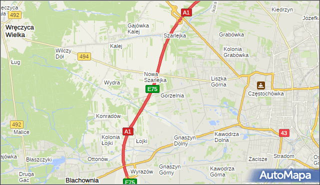 mapa Gorzelnia gmina Blachownia, Gorzelnia gmina Blachownia na mapie Targeo