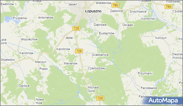 mapa Grabownica gmina Łopuszno, Grabownica gmina Łopuszno na mapie Targeo