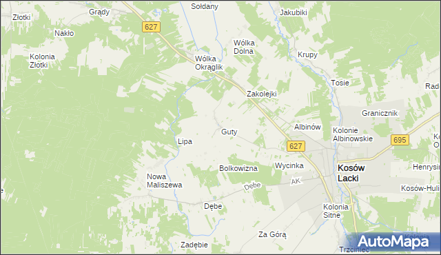 mapa Guty gmina Kosów Lacki, Guty gmina Kosów Lacki na mapie Targeo