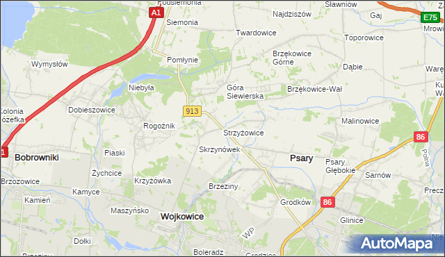 mapa Strzyżowice gmina Psary, Strzyżowice gmina Psary na mapie Targeo