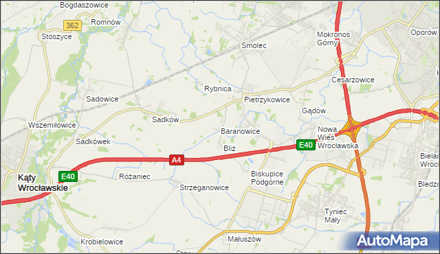 mapa Baranowice gmina Kąty Wrocławskie, Baranowice gmina Kąty Wrocławskie na mapie Targeo