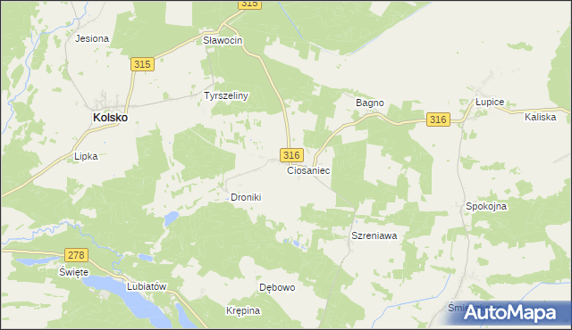 mapa Ciosaniec gmina Sława, Ciosaniec gmina Sława na mapie Targeo