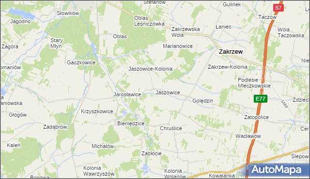 mapa Jaszowice gmina Zakrzew, Jaszowice gmina Zakrzew na mapie Targeo