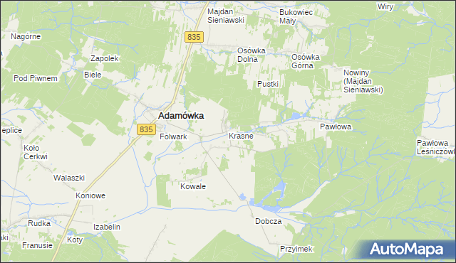 mapa Krasne gmina Adamówka, Krasne gmina Adamówka na mapie Targeo