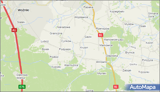 mapa Krusin gmina Koziegłowy, Krusin gmina Koziegłowy na mapie Targeo