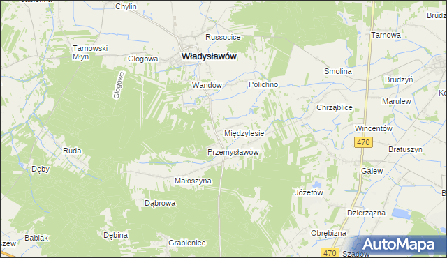 mapa Międzylesie gmina Władysławów, Międzylesie gmina Władysławów na mapie Targeo