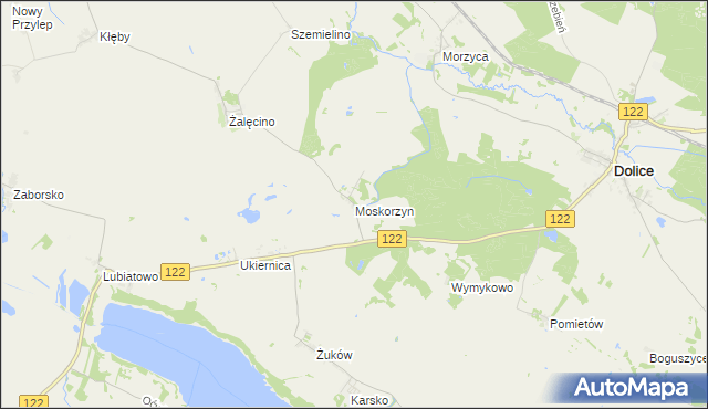 mapa Moskorzyn gmina Dolice, Moskorzyn gmina Dolice na mapie Targeo