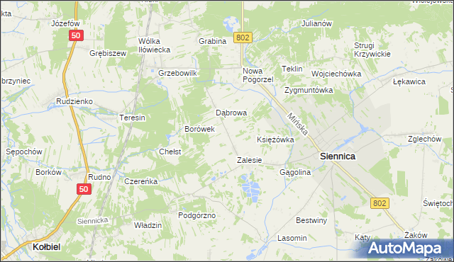 mapa Nowe Zalesie gmina Siennica, Nowe Zalesie gmina Siennica na mapie Targeo