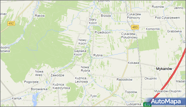 mapa Rybna gmina Mykanów, Rybna gmina Mykanów na mapie Targeo