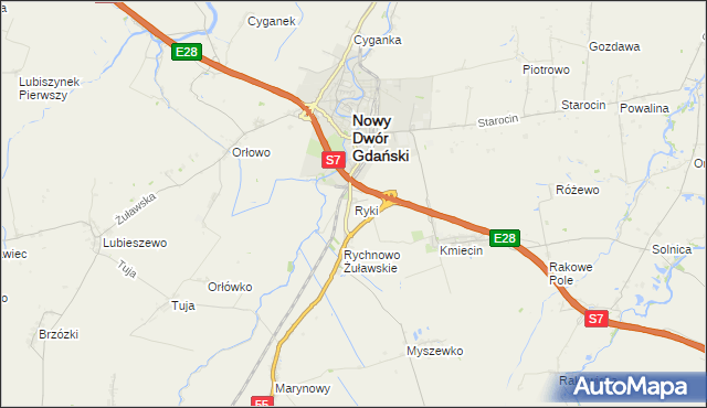 mapa Ryki gmina Nowy Dwór Gdański, Ryki gmina Nowy Dwór Gdański na mapie Targeo