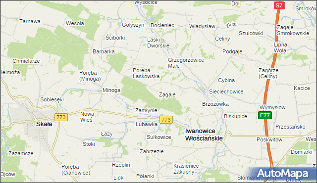 mapa Zagaje gmina Iwanowice, Zagaje gmina Iwanowice na mapie Targeo