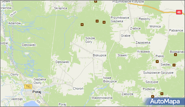 mapa Biskupice gmina Olsztyn, Biskupice gmina Olsztyn na mapie Targeo