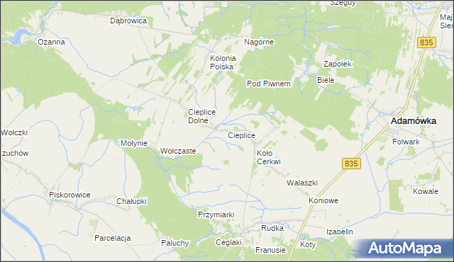 mapa Cieplice gmina Adamówka, Cieplice gmina Adamówka na mapie Targeo