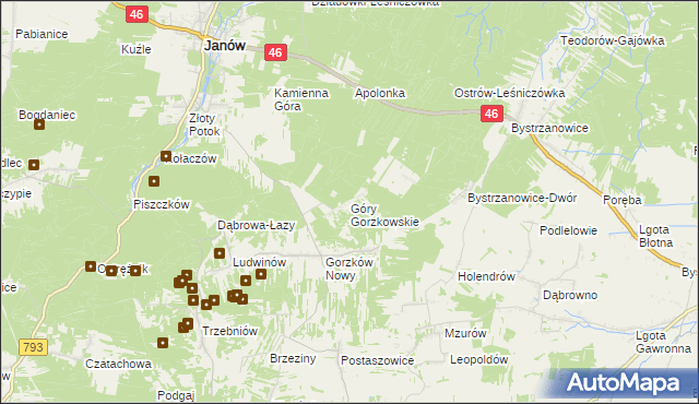 mapa Góry Gorzkowskie, Góry Gorzkowskie na mapie Targeo