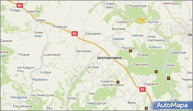 mapa Jerzmanowice gmina Jerzmanowice-Przeginia, Jerzmanowice gmina Jerzmanowice-Przeginia na mapie Targeo