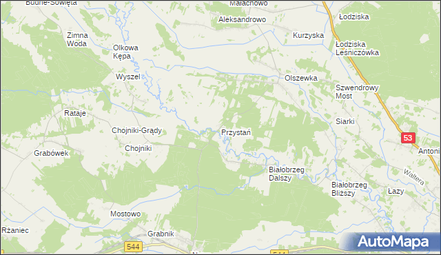 mapa Przystań gmina Olszewo-Borki, Przystań gmina Olszewo-Borki na mapie Targeo