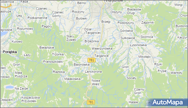 mapa Targanice, Targanice na mapie Targeo