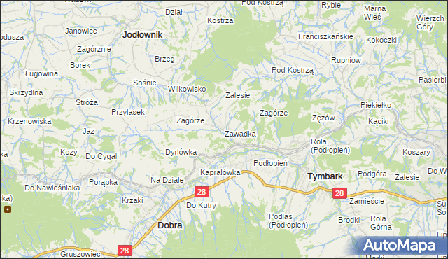 mapa Zawadka gmina Tymbark, Zawadka gmina Tymbark na mapie Targeo