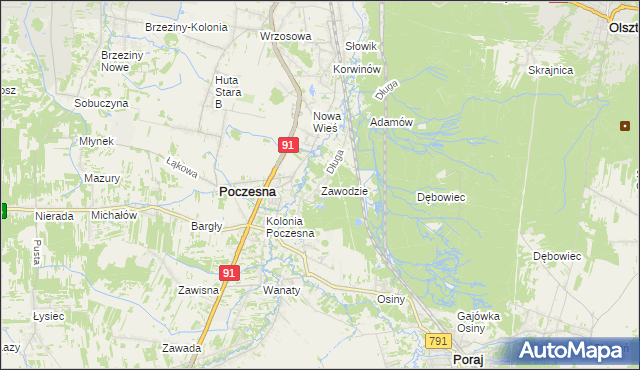 mapa Zawodzie gmina Poczesna, Zawodzie gmina Poczesna na mapie Targeo